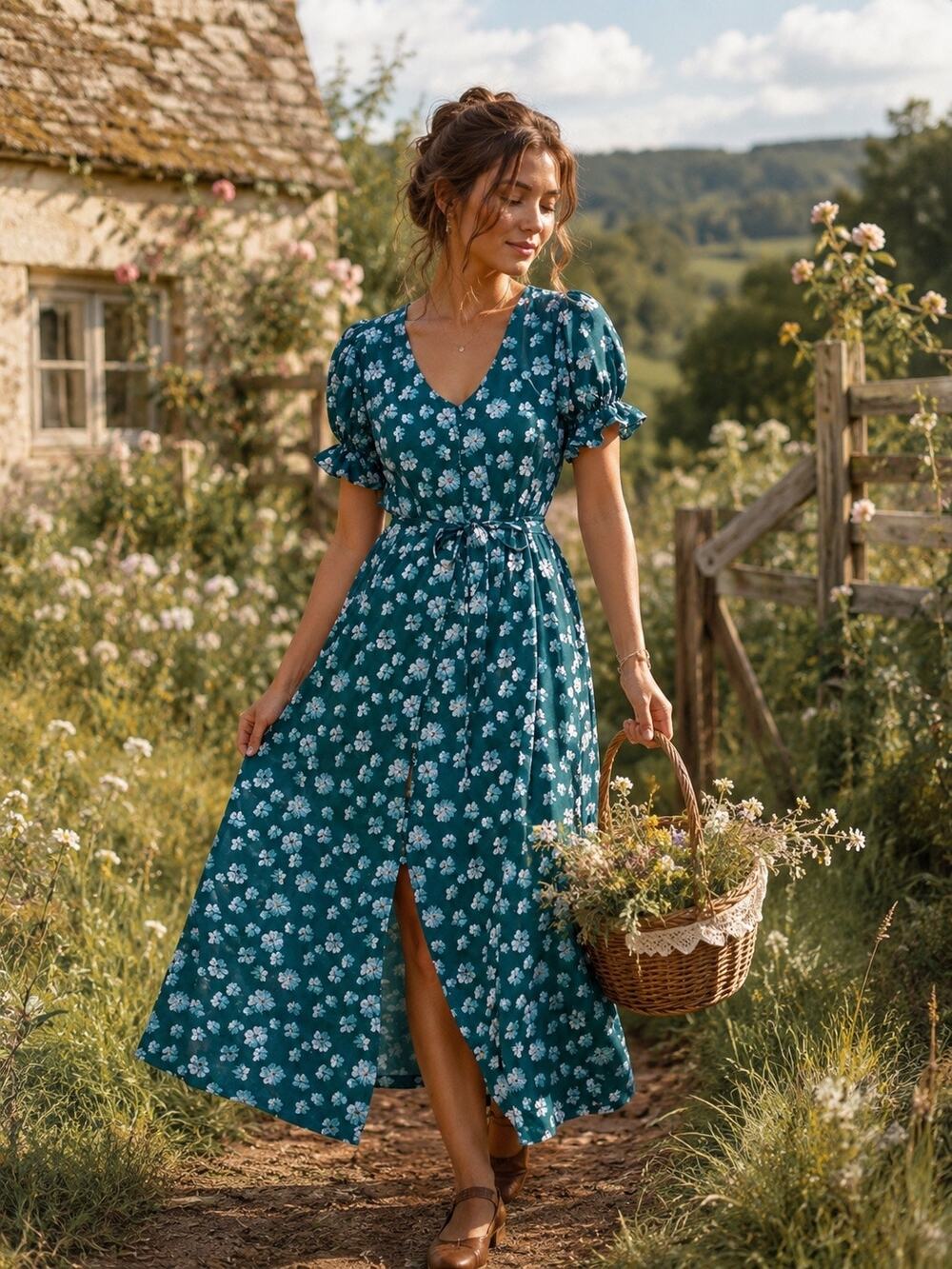 Outerknown Kira Maxi Button Up Dress Green Blue Floral Puff Sleeve Size Medium